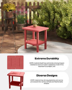 Kingdura Adirondack Outdoor Side Table, 16 x 13 Inches HDPE Plastic Outside End Tables for Patio Pool Porch Backyard Indoor, 2 Tiers Storage Shelf, All Weather Resistant, Easy Maintenance (Red)