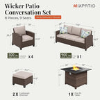 Patio Furniture Set, 8 Pcs Wicker Rattan Outdoor Conversation Set, 4 x Leg Chairs, 1 x 3 Seater Sofa and 2 x Ottomans with 4" Thick Cushion and 32" Fire Pit Table, Beige