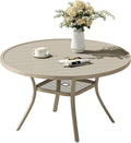 VICLLAX 47.2" Outdoor Round Patio Dining Table for 4-6, All Weather Metal Dining Table with Umbrella Hole for Deck Lawn Garden Backyard, Sandshell