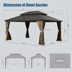 Domi 10' x 14' Hardtop Gazebo Permanent Metal Gazebo with Galvanized Steel Double Roof, Curtains and Netting for Party, Wedding, Outdoor Dining, Patio, Backyard, Brown