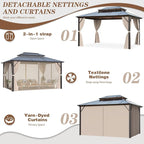 EROMMY 12'x16' Gazebo Polycarbonate Double Roof Pavilion Gazebo Outdoor Aluminum Frame Canopy with Netting and Curtains for Garden Patio Lawns Parties
