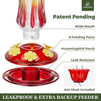 Kingsyard Hummingbird Feeder for Outdoors Hanging, 25 Ounces, Glass Humming Bird Nectar Feeder with Ant Moat & 6 Feeding Ports, Leak Proof, Red