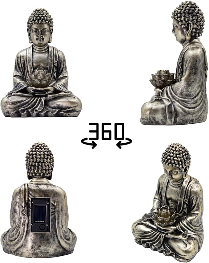 Buddha Lotus Statue with Solar Lights, Resin LED Figurine for Garden Decor – Unique Gift for Women and Friends(Copper Buddha)