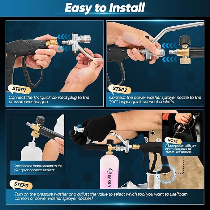 Saker Foam Cannon for Pressure Washer Kit with Quick Connect M22-15,Pressure Washer Gun for Car Washing and Cleaning,with 5 Power Washer Sprayer Nozzles