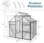 6x6 FT Polycarbonate Greenhouse with Sliding Door and Adjustable Roof, Heavy Duty Aluminum Walk-in Greenhouses w/ Raised Base for Outdoor Garden Backyard,Black