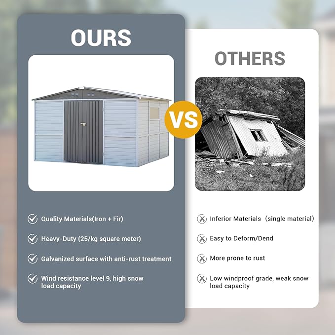 Galvanized Steel Frame & Solid Cedar Wood Wall Shed | 8x8ft Outdoor Storage Shed with Waterproof Roof & Wind Resistance, Lockable Double Doors for Garden, Lawn, Patio Organization