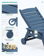 SERWALL Patio Chaise Lounge Chair Set of 4, 5 Positions Adjustable Poly Outdoor Lounge Chair for Pool, HDPE Lounge Chair with Rolling Wheels & Cup Holder for Poolside, Deck, Blue