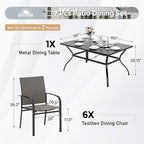 7 Piece Patio Dining Set for 6, Rectangular Metal Table with Umbrella Hole, 6 Brown Dining Chairs, Outdoor Table and Chairs Set for Lawn Backyard and Deck