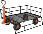 Versatile Garden Cart for Lawn and Yard with Heavy Duty Steel, 1200 Lbs Capacity Mesh Steel Garden Cart Folding Utility Wagon with Removable Side Panels, Long Handle, 10" Tires - Black and Orange