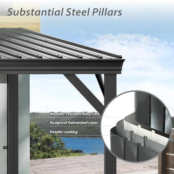 Domi 10'x12' Wall Mounted Hardtop Gazebo, Connectable Lean to Pergola with Gutters & Galvanized Steel Roof, 60MPH Wind Resistance, Outdoor Heavy Duty Metal Awning for Patio, Deck, Backyard - Grey
