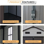 LANTRO JS Outdoor Storage Shed, 8x8x7.6FT Plastic Storage Shed with 2 Windows and Strong Aluminum Frame for Garden Tools, Bike, Lawnmower, White and Brown
