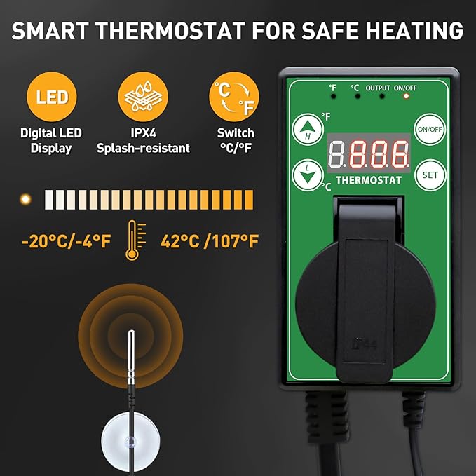 Portable Greenhouse Heater with Digital Thermostat, Overheat Protection, 1500W Radiant Electric Heater for Indoor & Outdoor Use, Garage, Grow Tent, RV, IPX4 Water Resistant, 1 Piece, Black