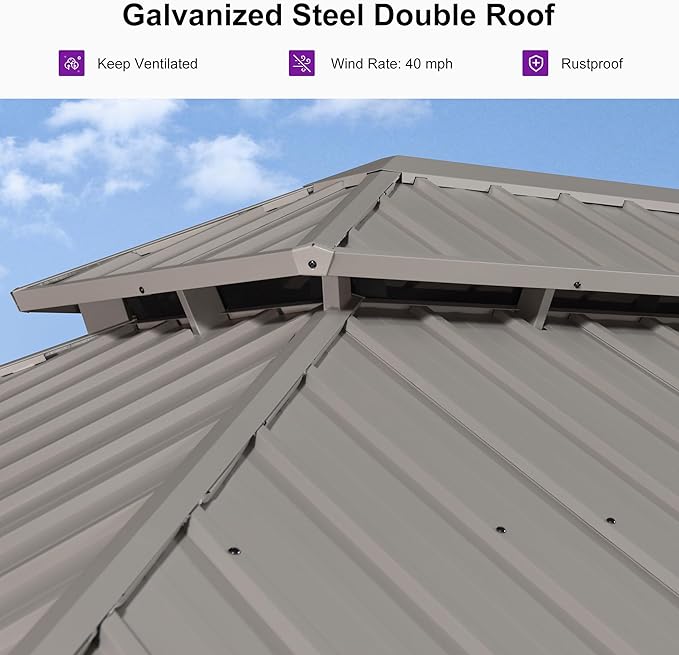 PURPLE LEAF 10' x 14' Outdoor Hardtop Gazebo, Champagne Aluminum Frame with Galvanized Steel Double Roof, Curtains and Netting for Patio Lawn and Garden