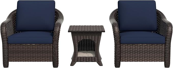 Vista Vibe Outdoor Rattan Chairs Set of 2 with with Coffee Table, All-Weather Patio Conversation Furniture Set with Washable Cushions &Hand-Woven PE Rattan, Garden, Bistro, Deck, Yard (Navy)