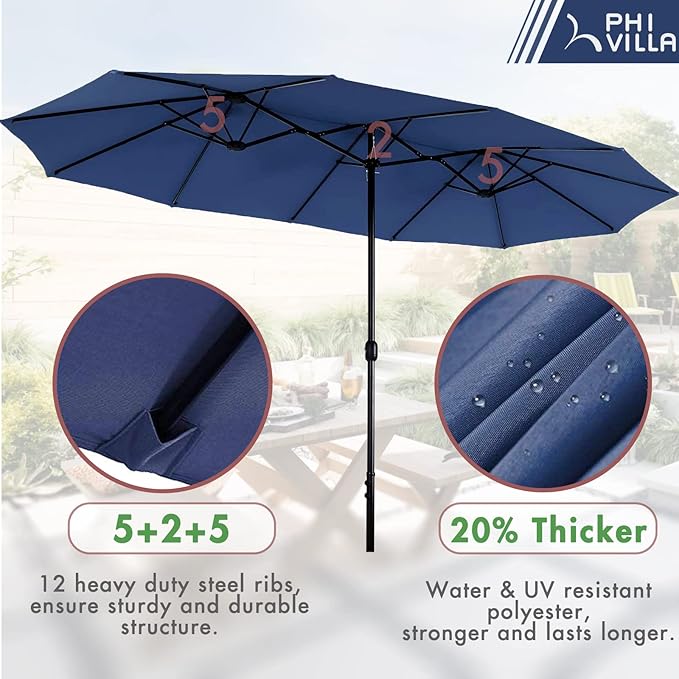 PHI VILLA 7 Pieces Patio Dining Set with Umbrella for 6, 60” Large Metal Iron Dining Table & Cushioned Rattan Wicker Chairs & 13ft Navy Blue Umbrella for Patio, Deck, Yard, Porch