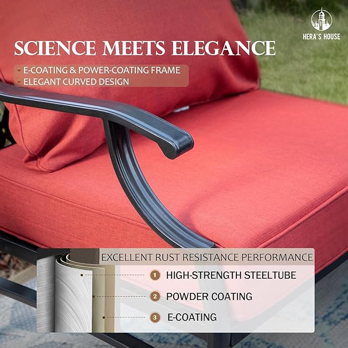 HERA'S HOUSE 6 Piece Patio Furniture Set, 2 x Swivel Chair, 2 x Fixed Chair, 1 x 3-Seat Sofa with Marbling Coffee Table, Outdoor Conversation Set for Lawn Garden Backyard, Red