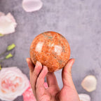 JIC Gem Sunstone Healing Crystals Sphere Ball Natural Rare Sparkling Crystal Sphere Ball Mineral Quartz Stone Ball with Decorative Stand Home Decoration (70-80mm)