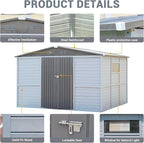Galvanized Steel Frame & Solid Fir Wood Wall Shed | 8x10ft Outdoor Storage Shed with 10-Grade Waterproof Roof & 9-Level Wind Resistance, Lockable Double Doors & Windows for Garden, Lawn, Patio