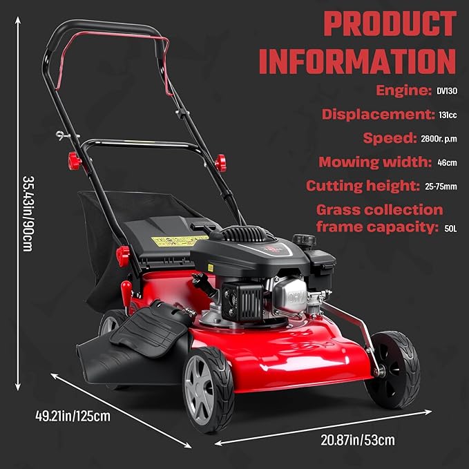 Self Propelled Lawn Mower Gas Powered with 50L Grass Bag Big Wheels 131cc Gas Engine 3 in 1 Mulch Bag Side Discharge Rear Wheel Drive for Hills Uneven 131CC