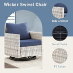 Outdoor Swivel Chairs Set of 4: Wicker Swivel Rocker Patio Chairs Set of 4, Swivel Rocker Outdoor Chair, Wicker Patio Furniture Sets, LightGrey/Blue