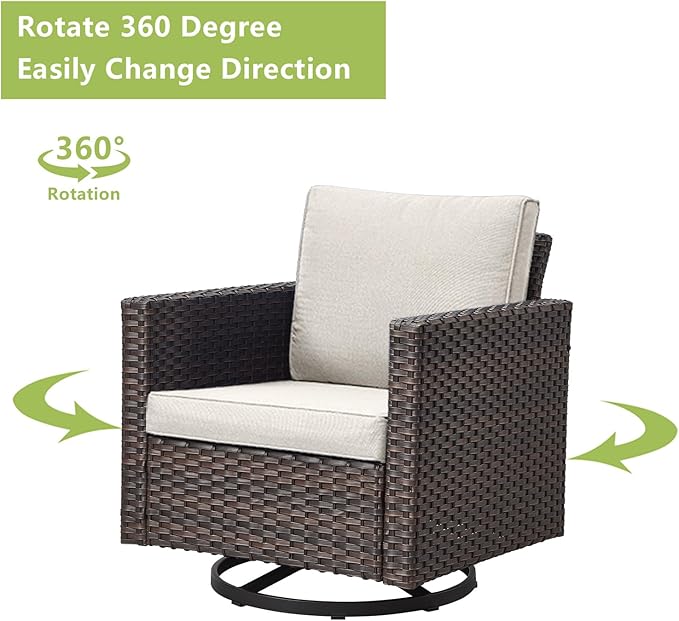 Outdoor Patio Swivel Rocker Chairs - Single Wicker Patio Swivel Rocking Chair with Waterproof Wicker,Comfortable Cushions and Sturdy Metal Frame for Outside Porch Deck Backyardd(Brown/Beige/1PC)