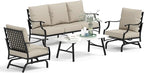HERA'S HOUSE 4 Piece Patio Furniture Set, 2 x Rocking Metal Frame Cushioned Chair, 3-Seat Sofa with Marbling Coffee Table, All Weather Outdoor Conversation Set for Lawn Garden Backyard