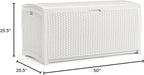 Suncast 99 Gallon Wicker Horizontal Outdoor Deck Box with Hinged Lid, Water-Resistant Storage Solution for Patio, Deck, Yard, and Garage, White, Made in the USA