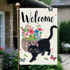 Welcome Cat Garden Flag 12x18 Inch Cute Black Cat Colorful Floral Butterfly Basket Double-Sided Yard Decoration for Outdoor Garden Patio Yard Spring Summer Décor