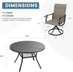 DIFY 5 Pieces Outdoor Patio Dining Set, 4 Brown Textilene Swivel Dining Chairs and 40.6" Black Round Metal Dining Table, Outdoor Table and Chairs