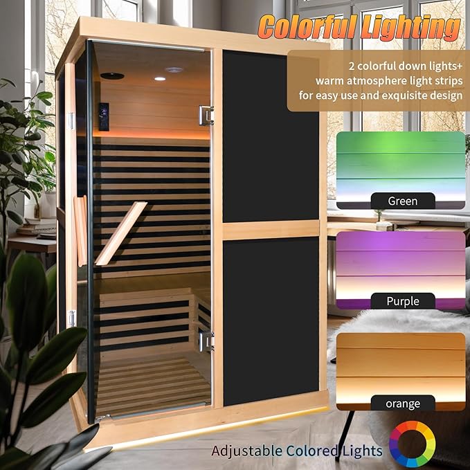 Far Infrared Sauna for Home 2 Person Saunas for Home Indoor Sauna 1980W Hemlock Wood Sauna Room 2-Person Infrared Sauna with LCD Control Panel and Tempered Glass Doors Dry Sauna 47.2*47.2*75.6 Inches