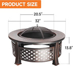 32-Inch Round Fire Pit Table, Metal Wood Burning Fireplace/Firepit with Fire Grate, Spark Screen Lid, Steel Bowl, Poker