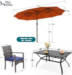 PHI VILLA 7 Piece Patio Dining Set with Umbrella, 60” Rectangular Metal Dining Table & 6 Cushioned Rattan Wicker Chairs & 13ft Large Red Umbrella for Outdoor, Deck, Yard, Porch