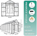 Greenhouse for Outdoors 8x14x7.8FT, Polycarbonate Greenhouse with Stronger Wind Protection and Roof Vent, Walk-in Large Aluminum Sunroom Winter Proof, Black
