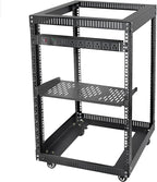 RIVECO 15U 19 Inch Open Frame Server Rack with Wheels Including 1U Rack Shelf & Power Strip Universal for 19" Network Equipment Black