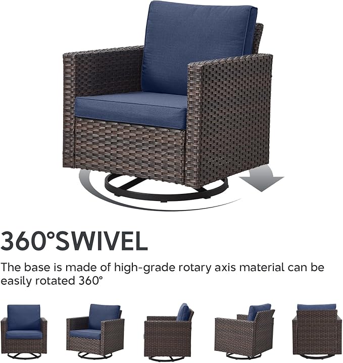 7 Piece Wicker Patio Furniture Set - Outdoor Swivel Rocker Chairs Set with Coffee Table, Side Table, 3 Seat Sofa & Ottomans, Small Patio Conversation Sets for Balcony Deck - Brown/Blue