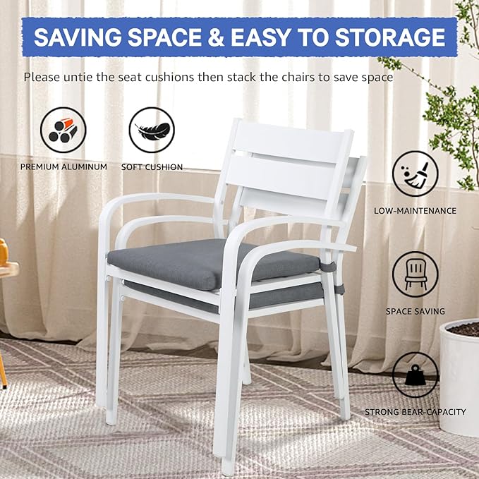 Soleil Jardin Outdoor Aluminum 2-Piece Patio Dining Chairs with Cushions, Stackable Bistro Chairs for Balcony, Garden, Backyard, White Finish & Grey Cushion