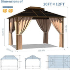 Kingdura Hardtop Gazebo 10'x12' with Double Polycarbonate Roof Canopy, Outdoor Gazebo with All-Weather Resistant Aluminum Frame Permanent Pavilion, UV Blocking for Patio Lawn Garden (Brown)