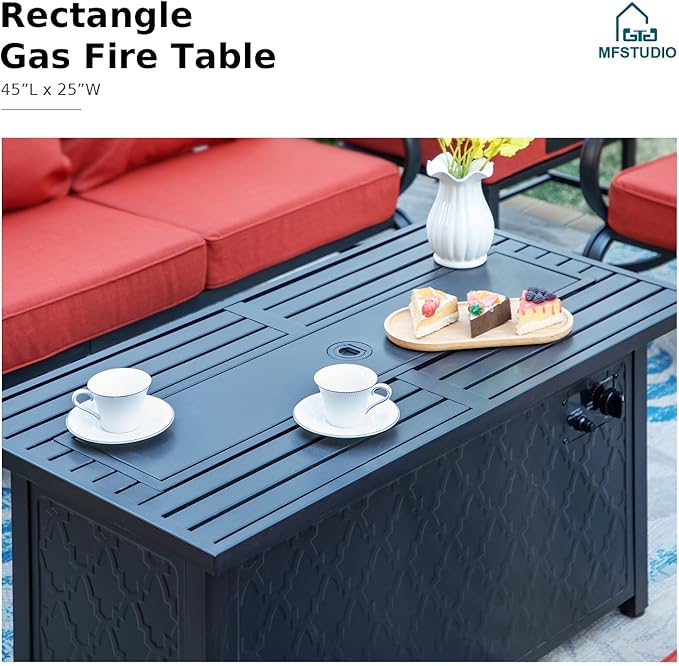 MFSTUDIO 6 Pieces Patio Furniture Sets with 45" Gas Fire Pit Table(Up to 7 Seat),Outdoor Metal Frame Patio Conversation Sofas with 1 x 3-Seat Sofa, 2 Swivel Chairs and 2 Ottoman, Burgundy Cushion