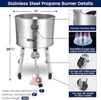 ARC 64QT Seafood Boiling Kit, 200,000BTU Stainless Steel Propane Burner And Crawfish Boil Pot With Strainer, Wheeled Legs and 360°Windscreen For Outdoors Cooking and Steaming, Large Turkey Fryer Pot