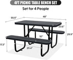 4FT Outdoor Picnic Tables,Heavy-Duty Metal Rectangular Picnic Table,Expanded Metal Commercial-Grade Table with 2 Benches & Umbrella Hole,Waterproof Coating Beach Table for Patio,Garden, Backyard