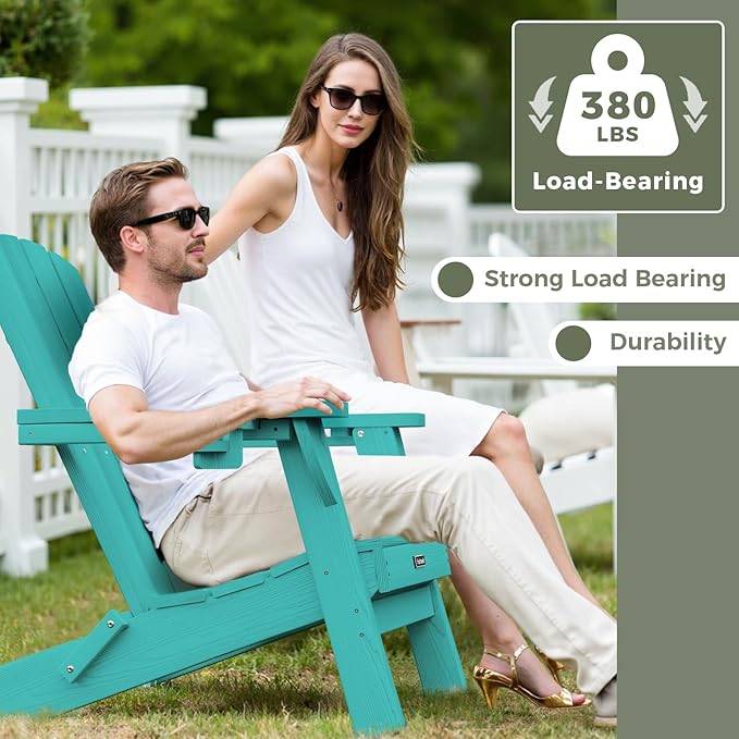 Folding Adirondack Chair Wood Texture 6 Pack, HDPE All-Weather Fire Pit Chairs, Plastic Adirondack Chairs with 2 Cup Holder, Outdoor Lawn Chair for Patio Garden (Lake Blue)