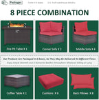 Outdoor Patio Furniture Sets with Propane Fire Pit Table, 8 Pieces Outdoor Furniture Patio Sectional Sofa Conversation Sets w/ETL Approved 43" Gas Outdoor Fire Table & Coffee Table (Red)