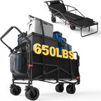 LEVELEVE Heavy Duty Folding Wagon - 2-in-1 Collapsible Cart, 650lb Capacity, All-Terrain Wheels w/Brakes & Side Pockets (Black)