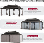 SUNJOY Kingston 20' x 12' Hardtop Gazebo with Galvanized Steel Double Roof, Curtain and Netting, Brown Aluminum Posts Permanent Pavilion Gazebo for Garden, Patio, Deck, Lawn
