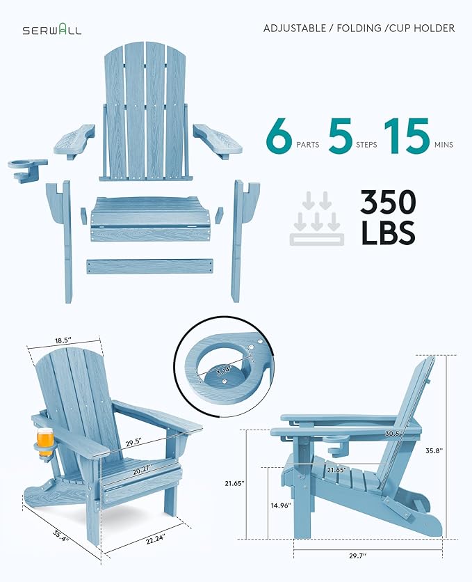 SERWALL Folding Adirondack Chair Set of 4, Adjustable Adirondack Chair with 3 Recline Positions, All Weather HDPE Outdoor Adirondack with Cup Holders, Light Blue