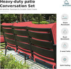 MFSTUDIO 8 Pieces Patio Furniture Sets with 45" Gas Fire Pit Table(Up to 9 Seat), Outdoor Metal Conversation Sofa with 1 x 3-Seat Sofa, 2 Single Chair, 2 Rocking Chair and 2 Ottoman, Burgundy Cushion