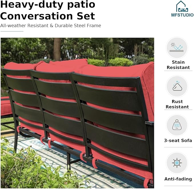 MFSTUDIO 4 Piece Patio Conversation Sets, All Weather Metal Frame Outdoor Furniture Set Patio Sofas with 1 x 45 Rectangular Fire Pit Table, 1 x 3-Seat Sofa, 2 x Rocking Chairs, Burgundy Red Cushion