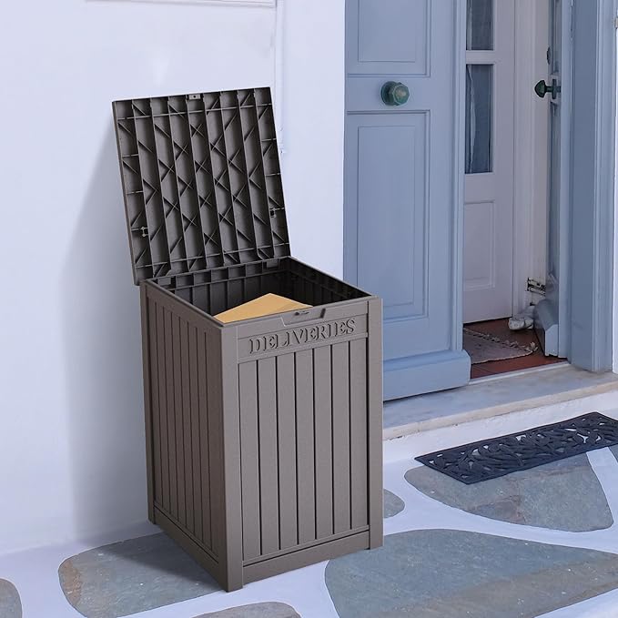 55 Gallon Coffee Resin Deck Box - Lockable, Rust-Resistant Outdoor Storage for Gardens & Patios - Waterproof Bench-Style Box with Handles