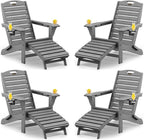 Folding Adirondack Chairs Set of 4,Adirondack Chair with Retractable Ottoman,Plastic Adirondack Chairs with 2 Cup Holder,Weather Resistant Patio Chair,Outdoor Chairs Set of 4(Grey)