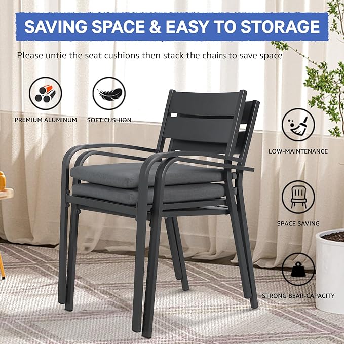 Soleil Jardin Outdoor Aluminum 4-Piece Patio Dining Chairs with Cushions, Stackable Bistro Chairs for Balcony, Garden, Backyard, Dark Grey Finish & Grey Cushion